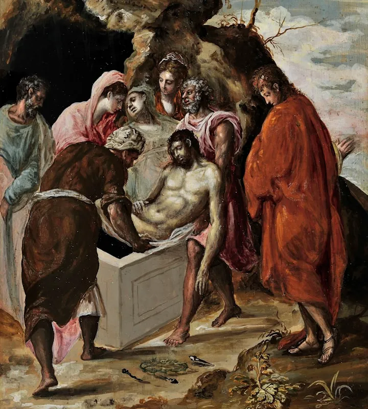 Classical painting of mourners lowering the body of Christ into a stone tomb against a rocky landscape